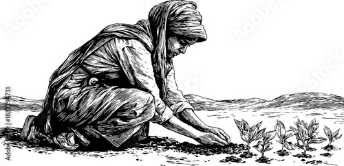 Vintage engraving of a farm woman kneeling and planting seeds in a field