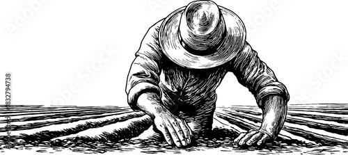 Vintage engraving of a farmer bending over inspecting crops in a field