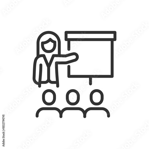 Woman giving presentation, linear icon. Business training and leadership communication. Line with editable stroke.