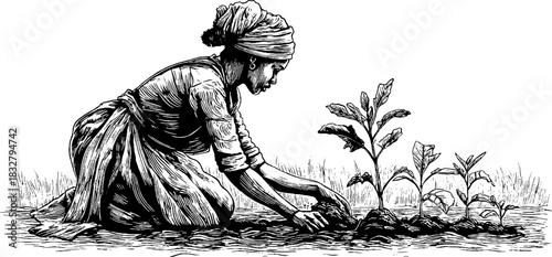 Vintage engraving of a farm woman kneeling in garden for planting and harvest design