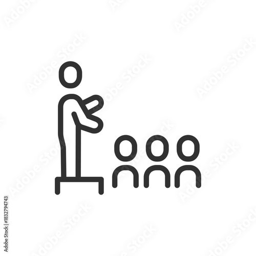 Speaker with audience, linear icon. Public presentation or training session. Line with editable stroke