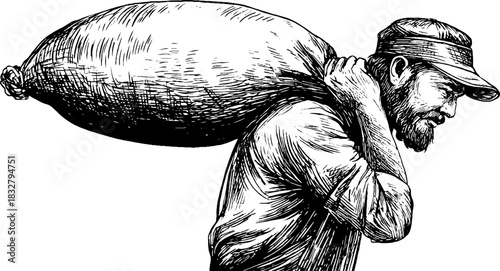 Rural life depiction: farmhand carrying large sack in vintage engraved art style