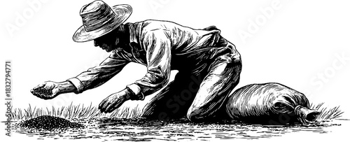 Vintage farmer sowing seeds engraved illustration - retro agricultural scene for prints and cards