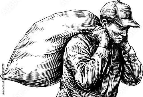 Vintage sketch of a farmhand carrying a large sack - retro design for posters or labels