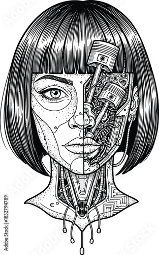 Detailed line art of a cyborg womans head with a bob haircut and exposed engine pistons and gears.