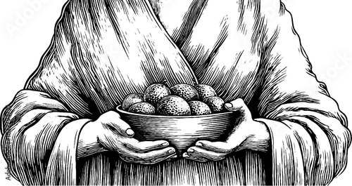 Vintage engraving of fertility deity holding bowl of fruit, decorative art design