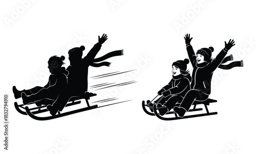 Silhouette of a family tobogganing