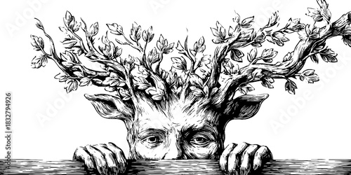 Enchanting forest spirit with branches and leaves silhouette design for posters