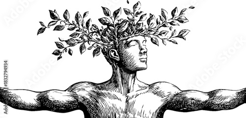 Forest watcher spirit with leafy branches decorative design for nature themed projects