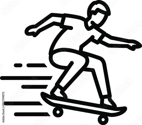 Dynamic line art icon of a skateboarder in motion with speed lines.