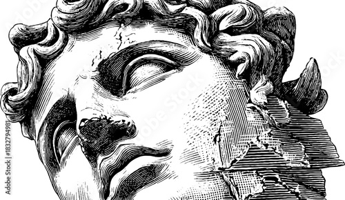 Fragmented classical statue portrait - vintage engraving style for art and design