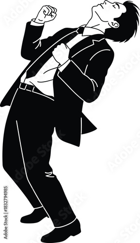 Dynamic black and white drawing of a man in a suit leaning back with a triumphant fist pump.