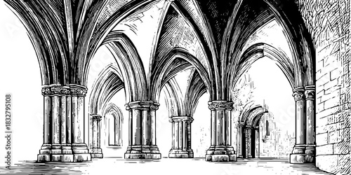 Gothic rib vault architecture - vintage decorative engraving for historical design