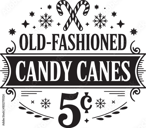 Vintage Candy Cane Label – Retro Old-Fashioned Christmas Sweet Sign with 5 Cent Price