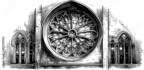 Ornate gothic rose window engraving design for architectural decor and art