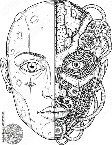 Intricate line art of a split cyborg face one half human the other revealing complex mechanical gears wires and brain.