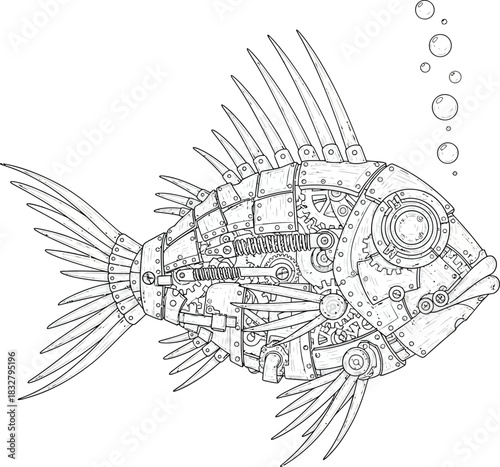 Intricate steampunk mechanical fish illustration with exposed gears riveted plates and spiky fins.