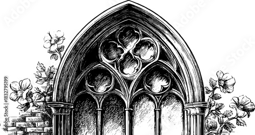 Gothic tracery panel with floral accents - engraved decorative architectural design