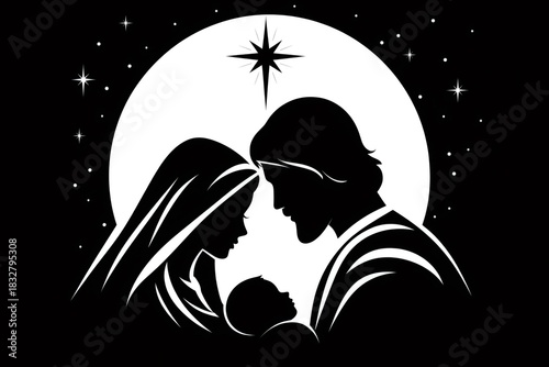 Holy family silhouette with baby jesus, mary, joseph and star