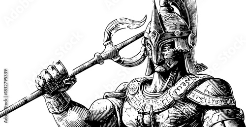 Vintage engraved illustration of guardian deity with trident - ideal for historical themes and art projects