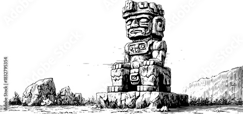 Engraved illustration of standing guardian deity in decorative style