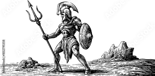 Vintage engraved illustration of guardian deity in armor for decorative design