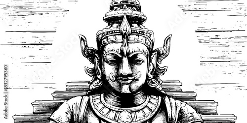 Ornate guardian deity engraving - spiritual and decorative art for design projects