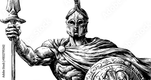 Engraved decorative illustration of guardian deity in armor for design and print