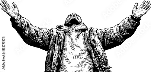 Vintage engraved illustration of guardian spirit with outstretched arms for spiritual design