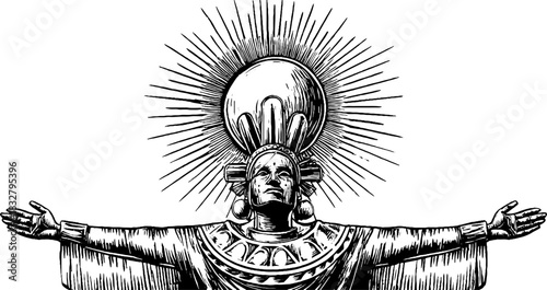 Vintage engraving of guardian sun deity with radiant design for spiritual art poster