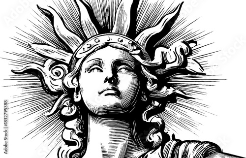 Vintage engraving of guardian sun deity – decorative illustration for design and print