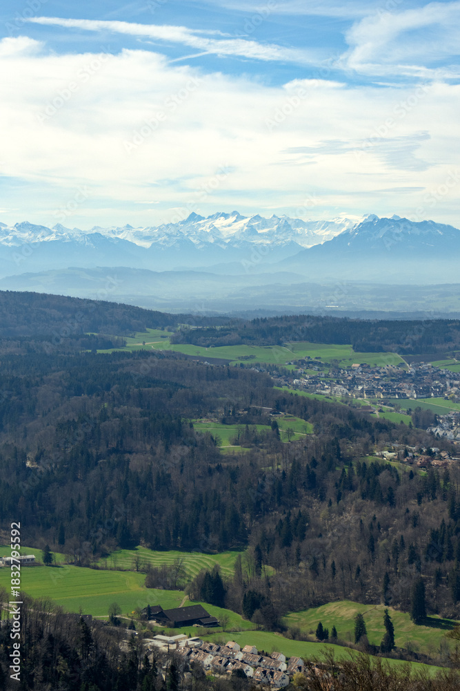 Obraz premium Beautiful landscape in Switzerland, close to Zurich in bright daylight. Close to Uetliberg