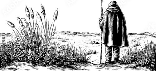 Engraved marshland hermit illustration with reeds for retro design