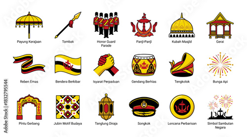 Explore the rich cultural heritage of Brunei with vibrant vector icons showcasing national symbols, traditional attire, and historical landmarks for travel and educational designs
