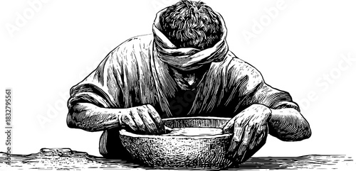 Medieval apprentice engraving - decorative hand drawn sketch of historical craftsmanship