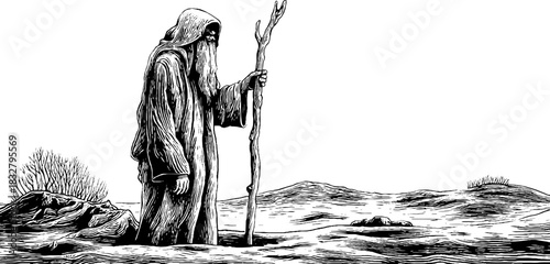 Engraved decorative illustration of a marshland hermit in vintage silhouette for retro design