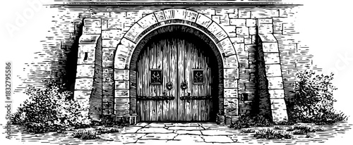 Medieval arched gate illustration featuring engraved decorative design for historical architecture