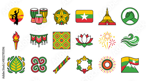 Celebrate Myanmar Culture a vibrant collection of traditional symbols and icons, perfect for travel guides, cultural events, and educational materials, embracing heritage
