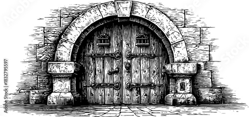 Decorative medieval arched gate engraving for historical design and decor concepts