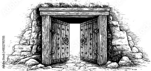 Engraved decorative illustration of a medieval fortress entrance