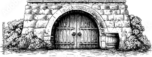 Intricate engraving of a medieval fortress entrance for historical design