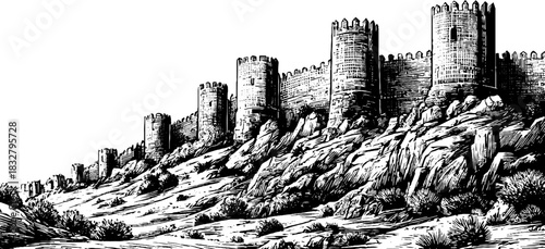 Medieval fortress parapet silhouette illustration for historical design and posters