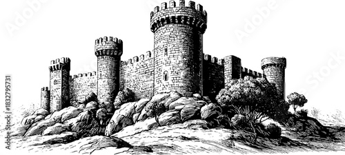Engraved decorative illustration of medieval fortress with parapet - historical design for posters and cards