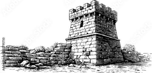 Medieval guard tower engraving - vintage decorative architectural art for historical design