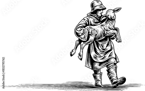 Medieval herder carrying lamb in engraved decorative design for retro artwork
