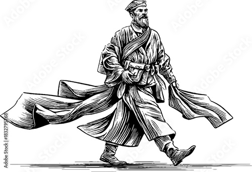 Medieval messenger walking in flowing robes - detailed vintage engraving for historical design