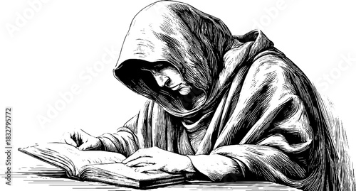 Engraved decorative medieval monk illustration for historical design
