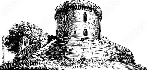 Medieval round tower engraving: decorative illustration for historical designs
