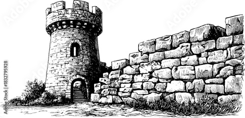 Historic medieval stone tower and wall - decorative engraving for vintage design