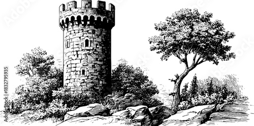 Medieval stone tower with tree in engraved decorative style